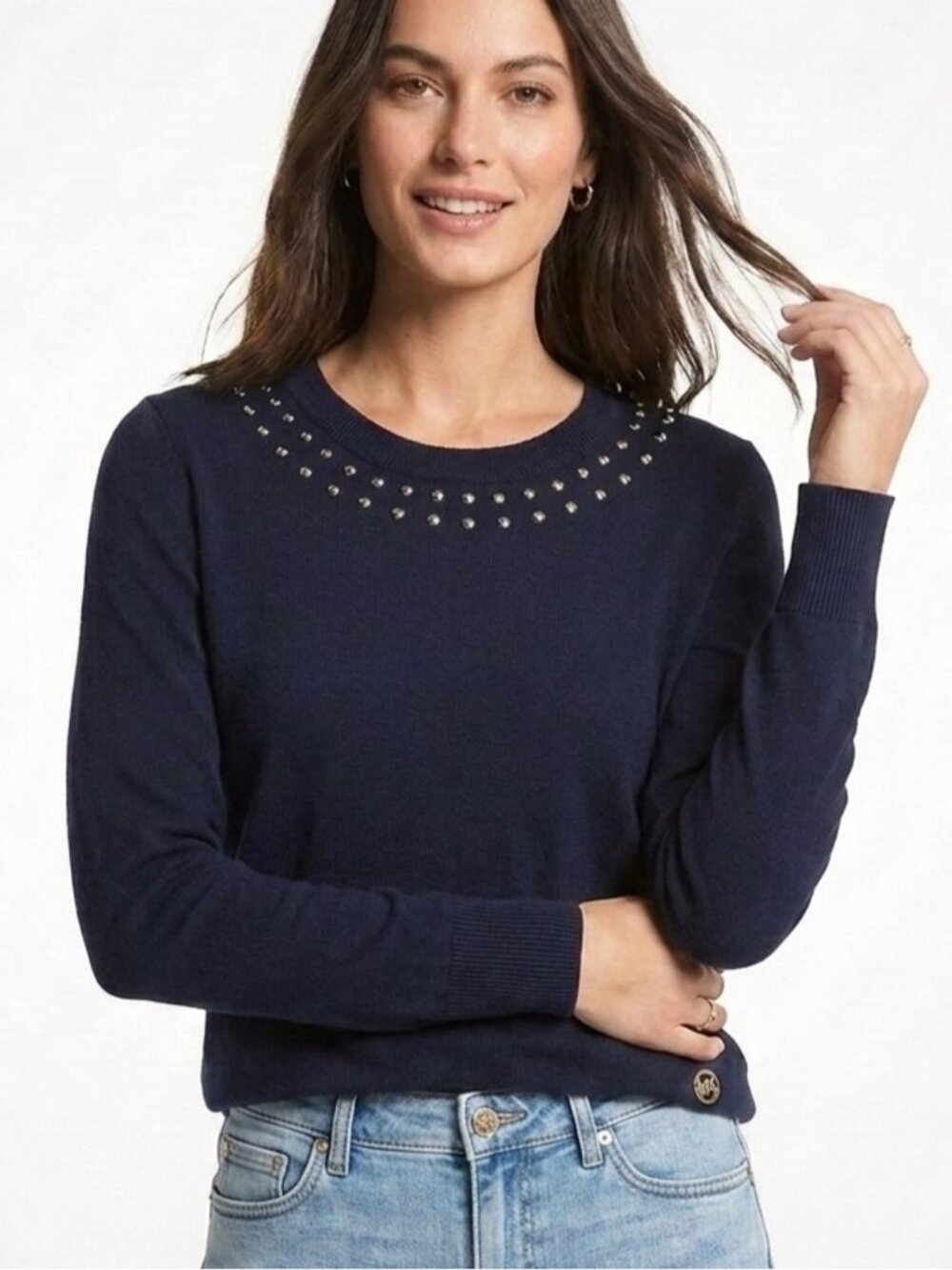 Michael Kors Navy Blue Studded Neckline Crewneck Sweater Medium 597